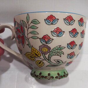 Dutch Wax  Large Footed Mug Cup 16 oz Floral Hand Painted Ceramic
